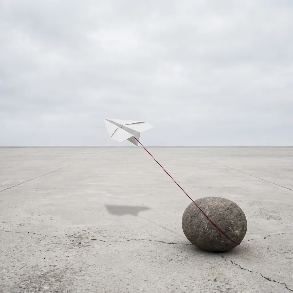 A white paper plane frozen mid-air above an empty plaza, tethered by a taut bordeaux-red thread to a heavy stone on the ground.