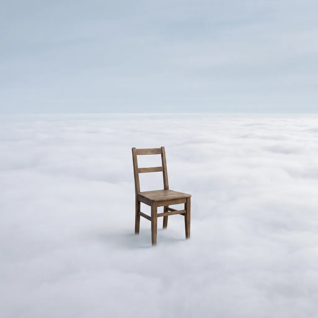 A single simple wooden chair standing upright on a dense sea of soft white clouds stretching to the horizon.